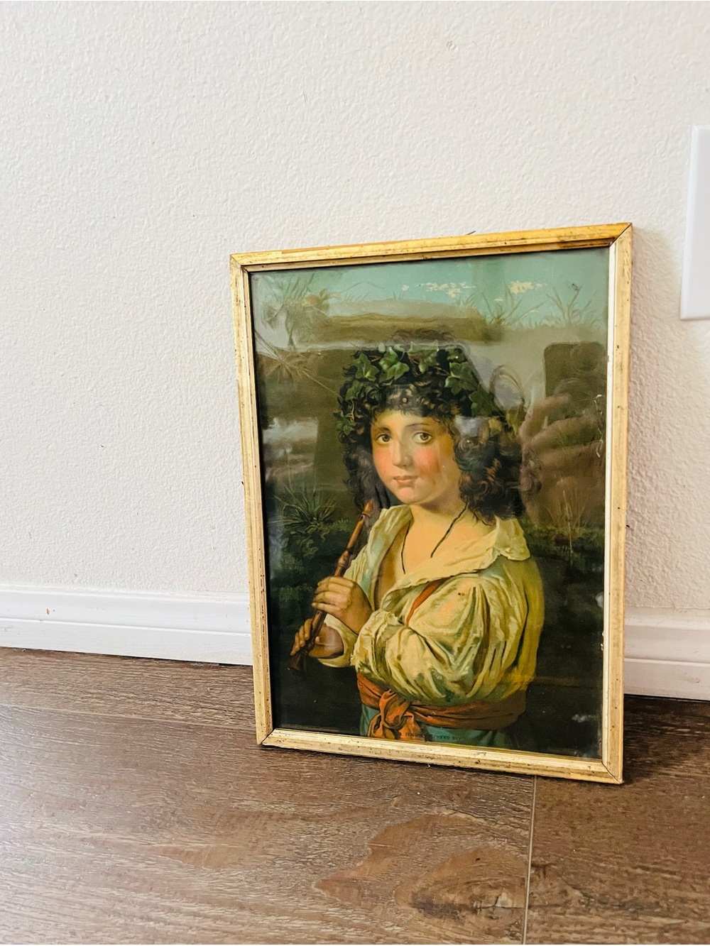 Vintage framed “Italian shepherd boy with flute” 10/15 inch